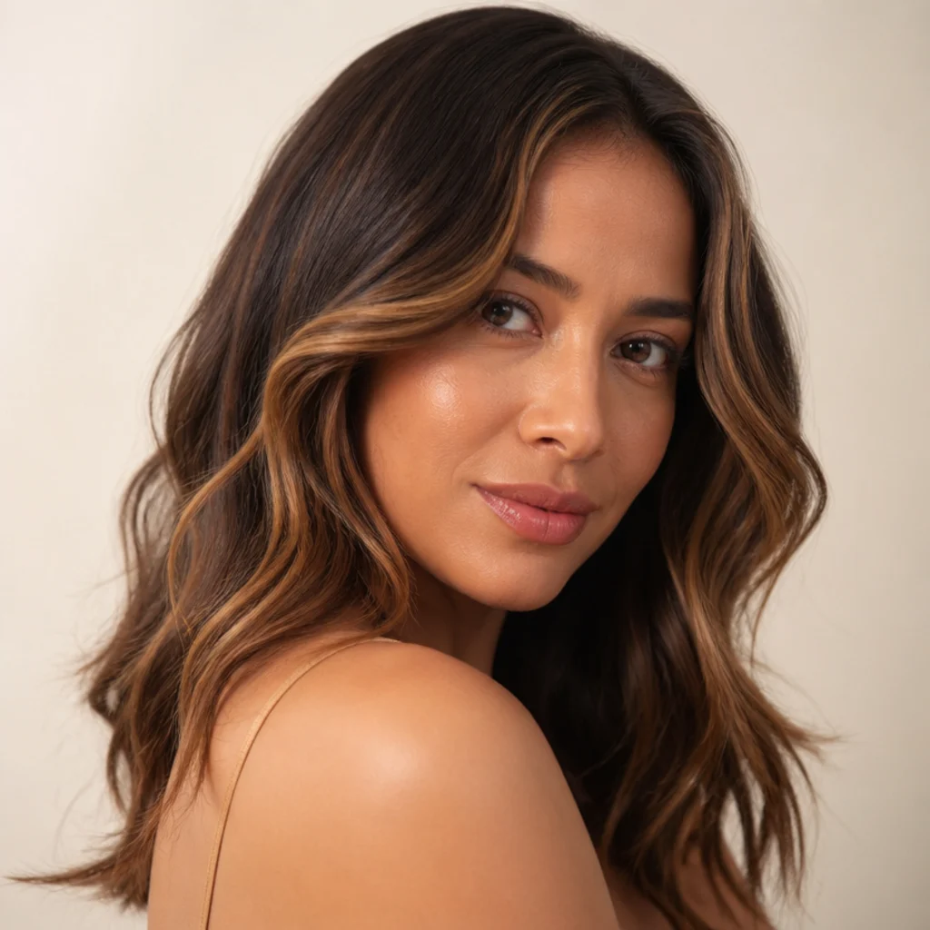 Three-quarter view of a warm dimensional brunette with soft caramel and chestnut ribbons through loose waves