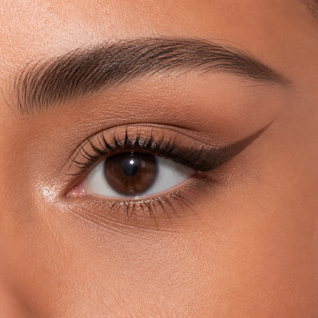 Macro angle of an eye showing a thin upward-flicked foxy eyeliner extended toward the temple over neutral taupe shadow