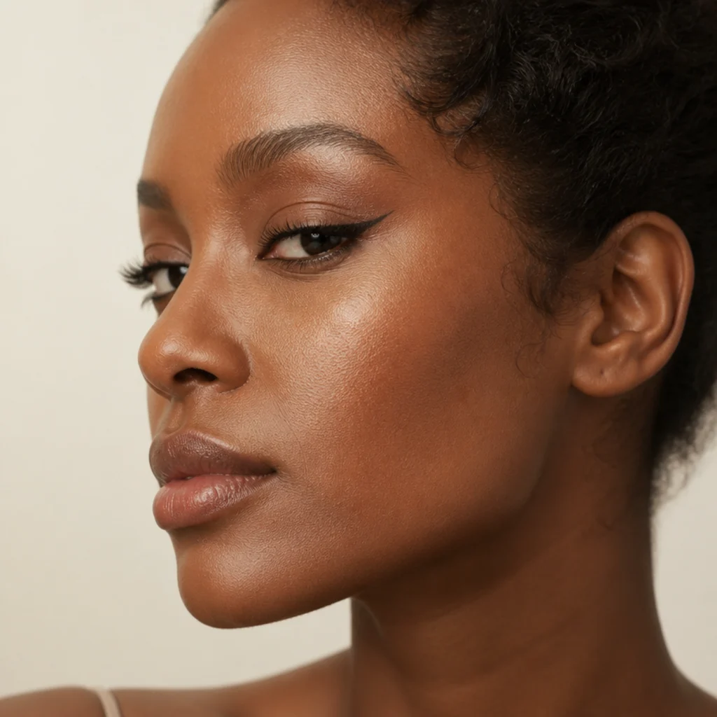 Side profile of a model with hooded eyes wearing lifted foxy eyeliner drawn slightly above the crease