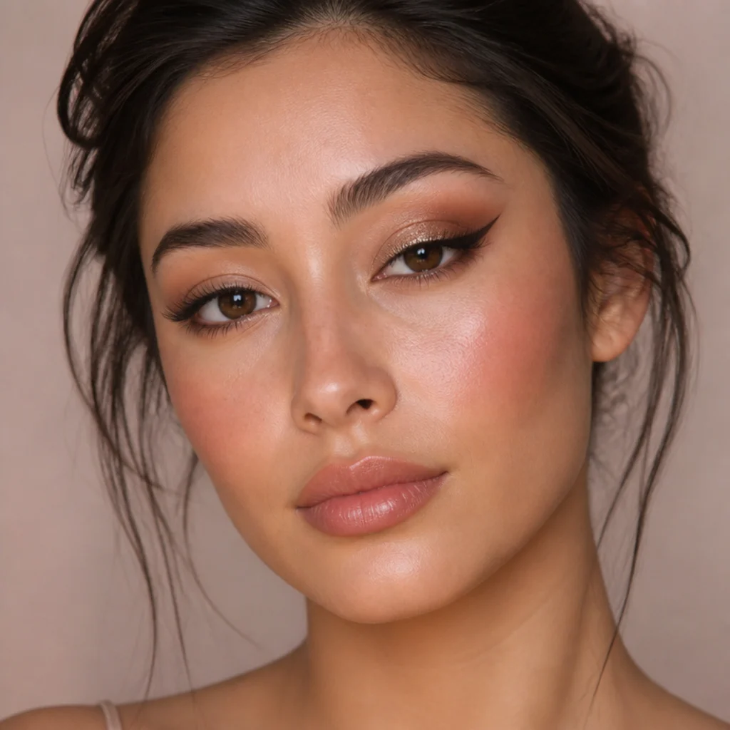Three-quarter beauty portrait comparing a lifted foxy eye look with a soft smoked outer corner and defined lash line