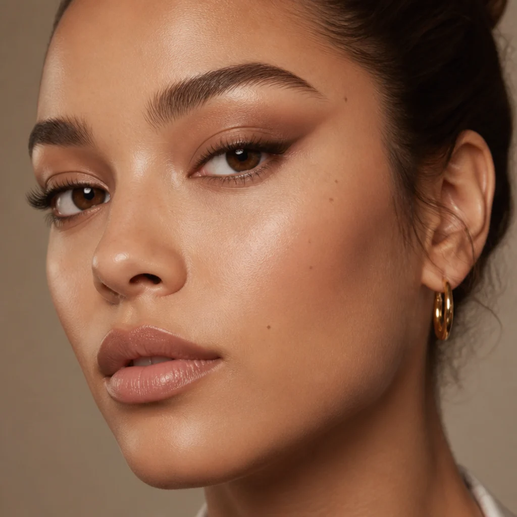 Close-up three-quarter portrait of a model with lifted foxy eyes makeup, elongated upward eyeliner and soft taupe shadow