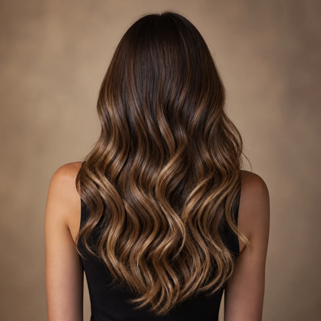 Back view of long chestnut hair with hand-painted caramel balayage sweeping in soft warm ribbons from mid-lengths to ends