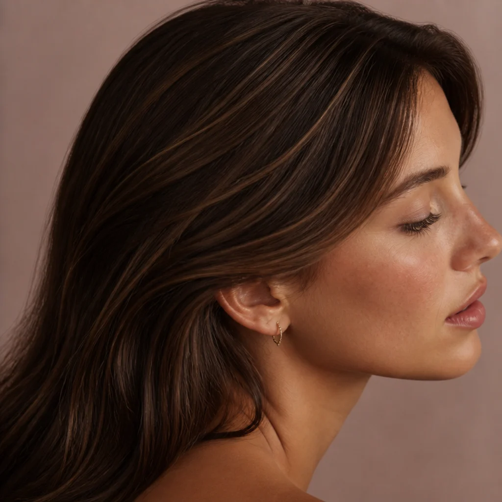 Side profile of brunette hair with fine subtle babylights woven closely through the crown for gentle warm dimension