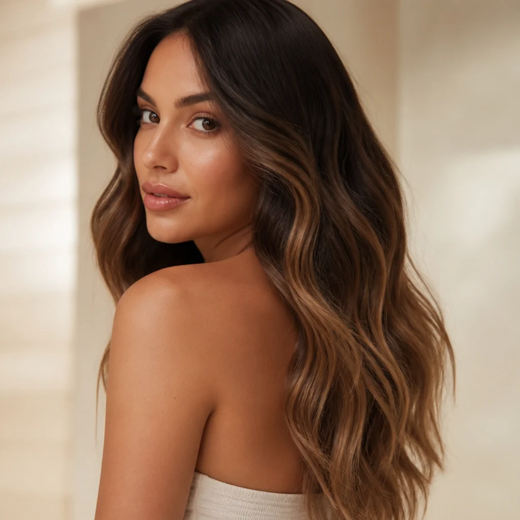 Three-quarter back view of a smooth color melt drifting from deep mocha roots into warm toffee ends on soft waves