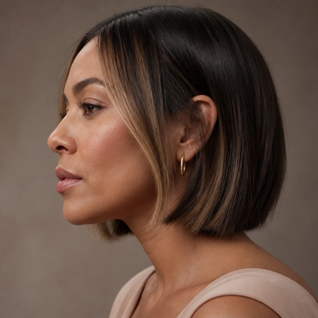 Side view of a chin-length dimensional brunette bob with warm caramel highlights framing the face and a blunt lower edge