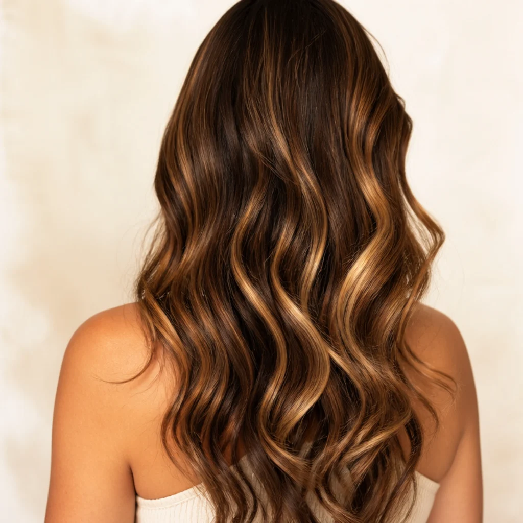 Back view of long hair with thick golden ribbons hand-painted through a rich chestnut base for high-contrast warm dimension