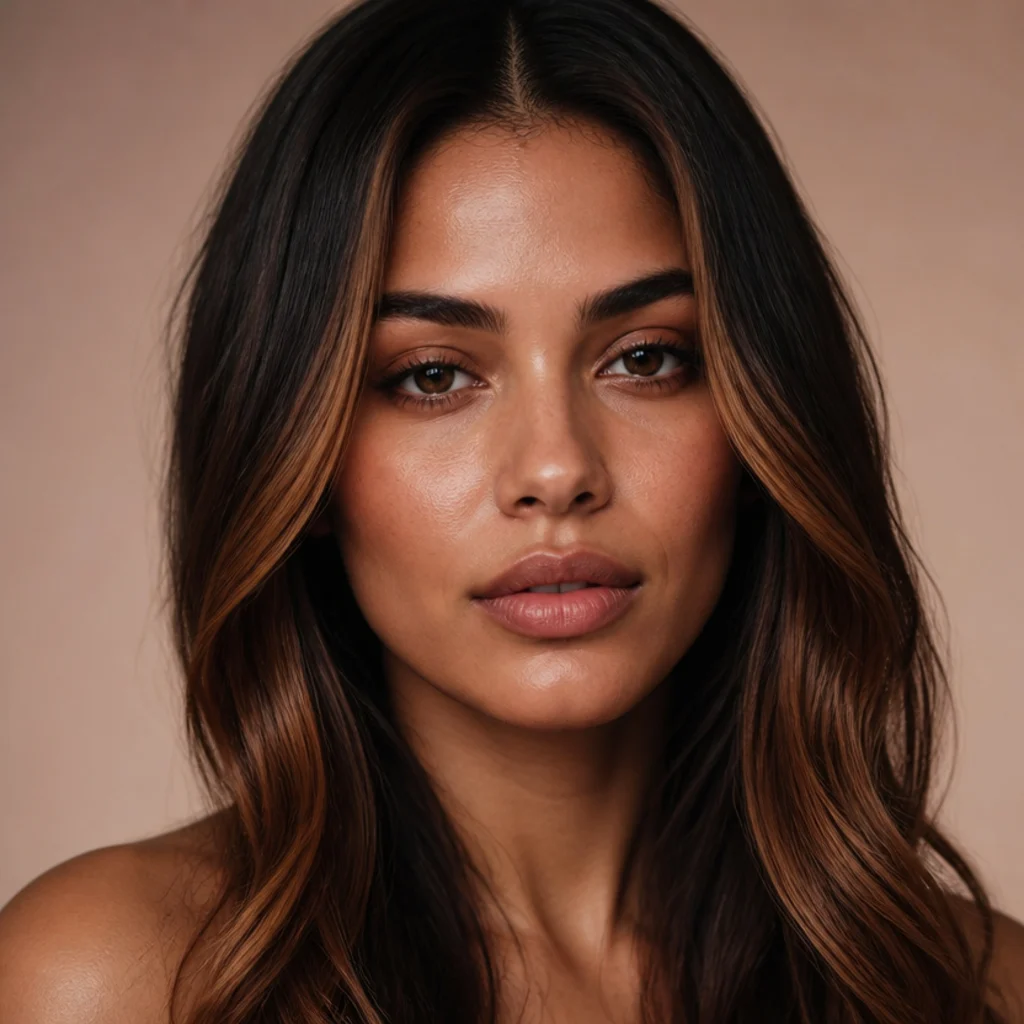 Front view of brunette hair with warm cinnamon face-framing highlights brightening the sections around the cheekbones