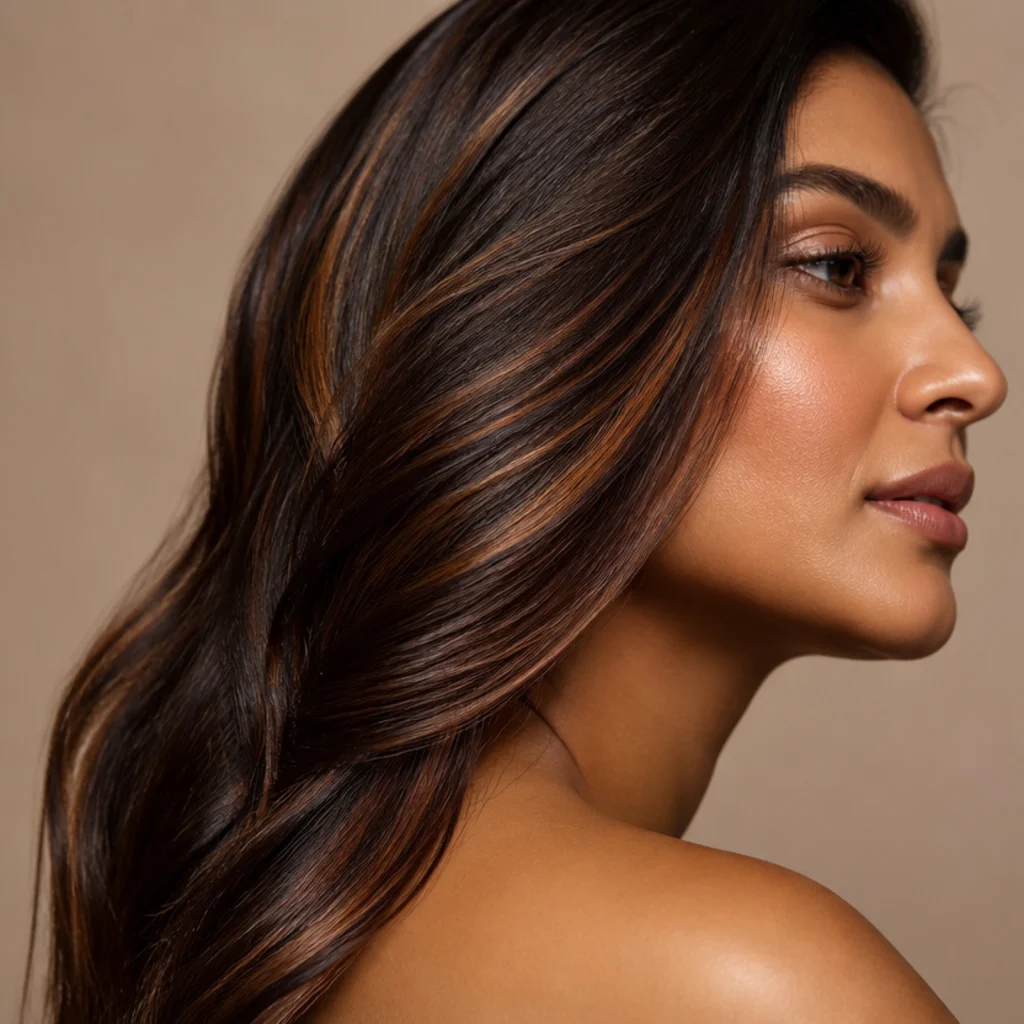 Side view of dark brunette hair with subtle copper highlights catching warm light and glowing through the lengths