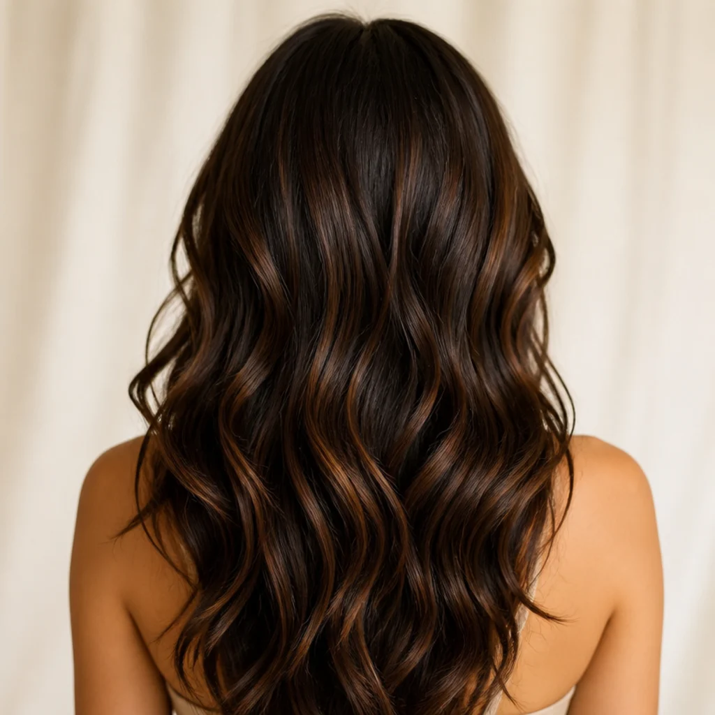 Back view of rich chocolate hair with warm amber lowlights woven underneath to add depth and shadow through the layers