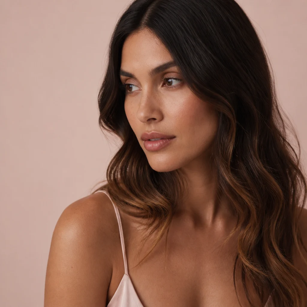 Three-quarter view of brunette hair with lighter sun-kissed warm ends fading gradually from a deep untouched root