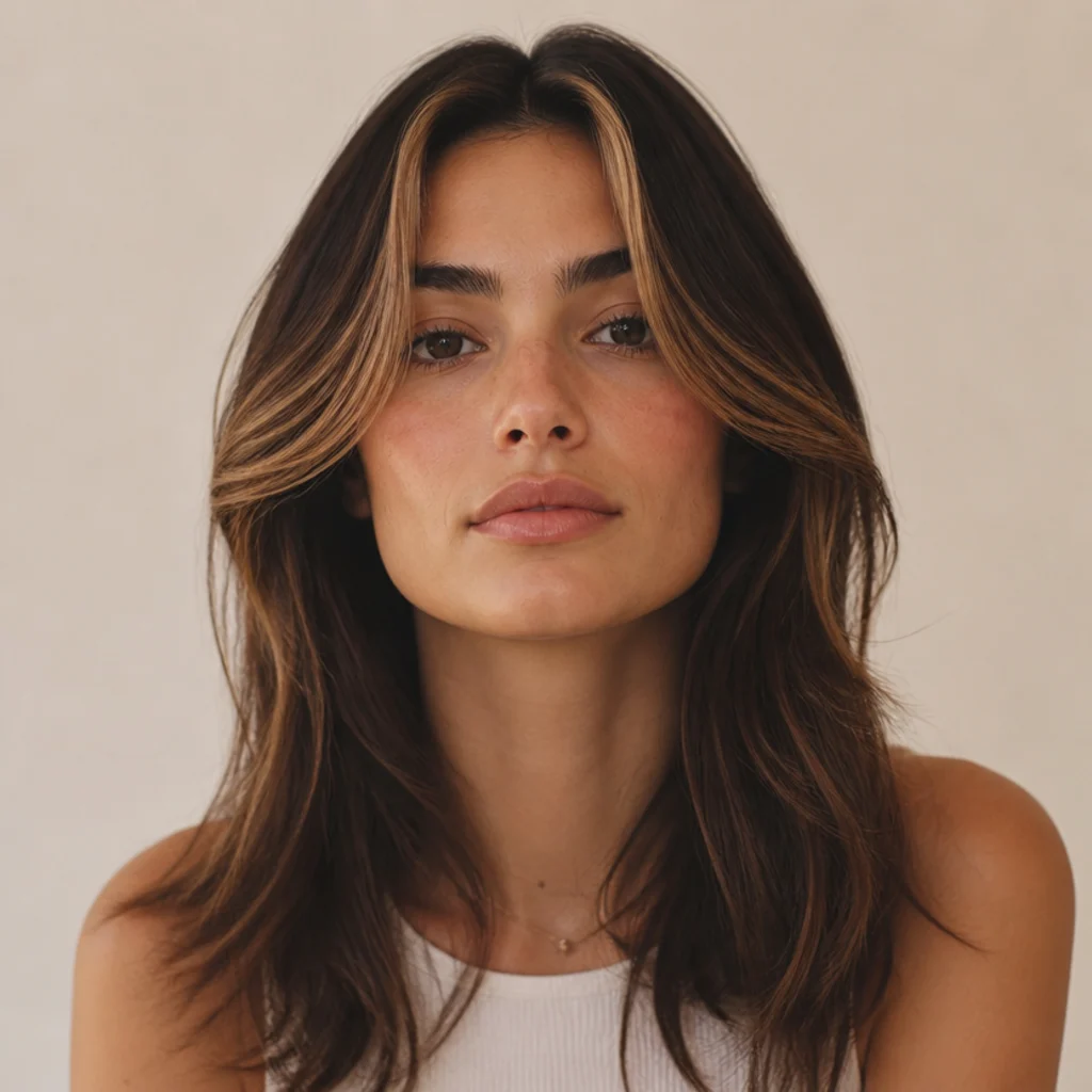 Front view of brunette hair styled in a curtain fringe with warm hazelnut highlights brightening the swept-back frame