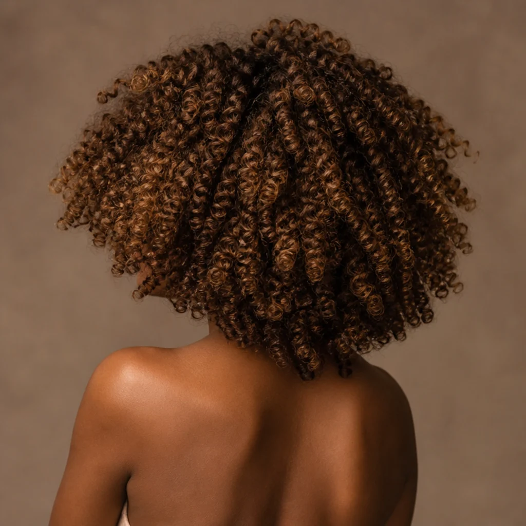 Back view of natural curls in a multi dimensional brunette with caramel and honey tones defining and separating the coils