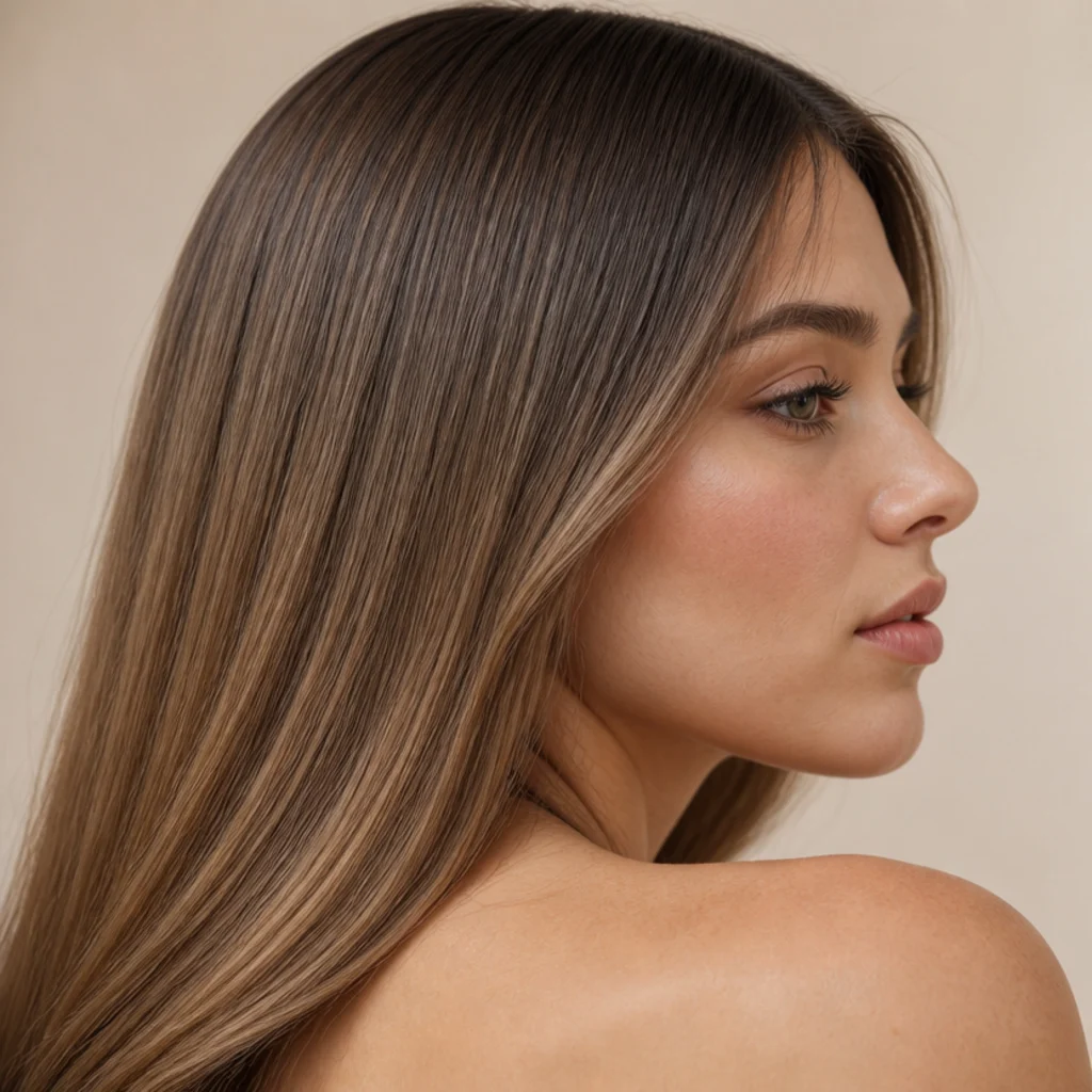 Side view of a smooth gradient blending warm mushroom-brown roots into caramel lengths on sleek straight hair
