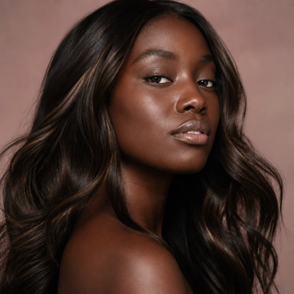 Three-quarter view of deep espresso hair with fine gilded highlights adding subtle warm shine and movement throughout
