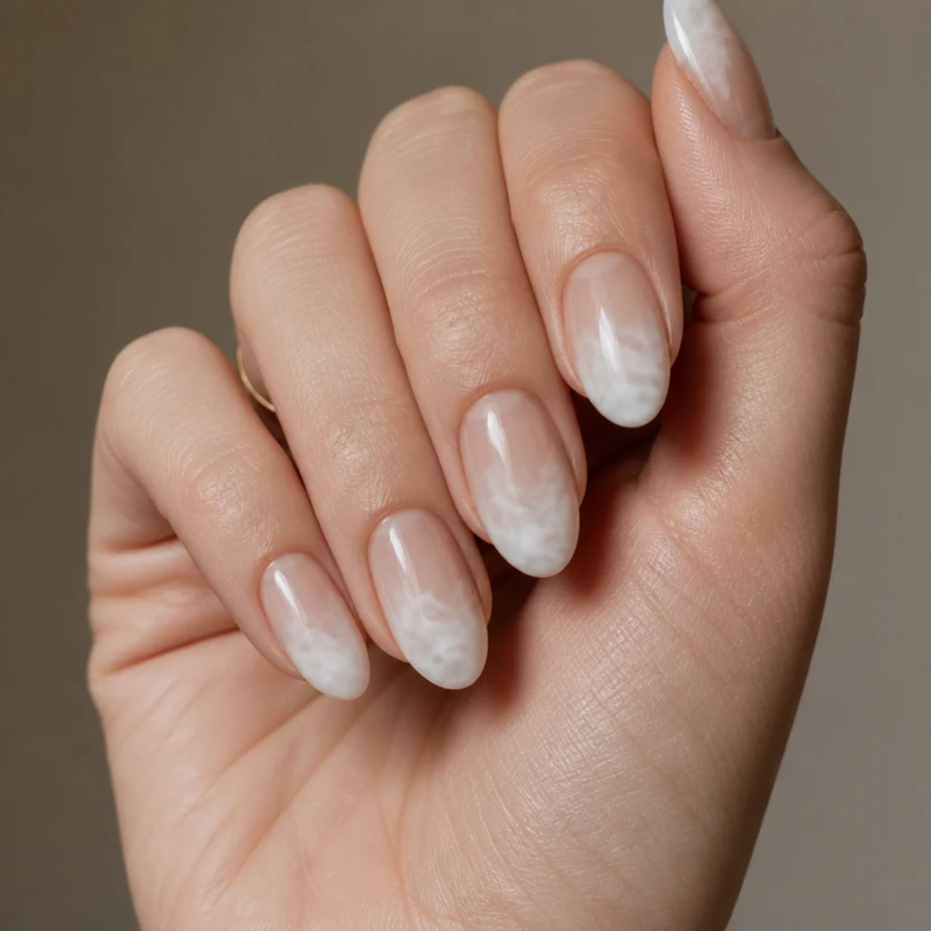 Almond nails with soft milky white ink-wash blooming gel diffused across the tips on ivory skin