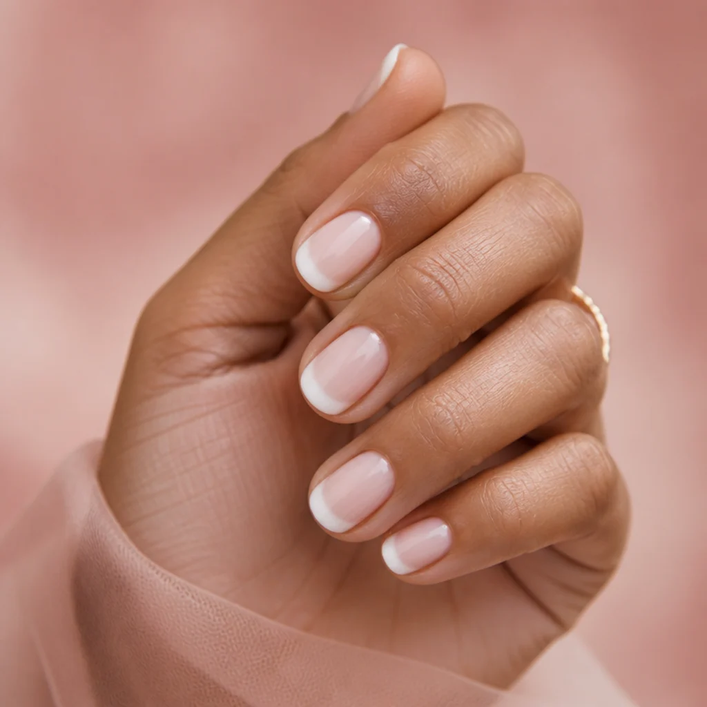 Rounded nails showing a soft white blooming gel french tip with a feathered smoke line instead of a sharp edge