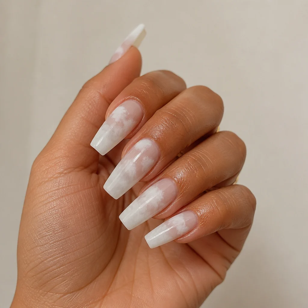 Long coffin nails with a hazy white cloud ombre created by layered blooming gel on medium-tan skin