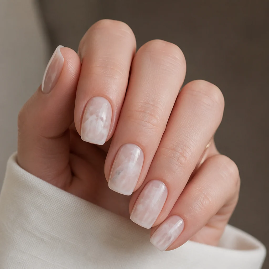 Squoval nails with white blooming gel marble veining swirled through a translucent base