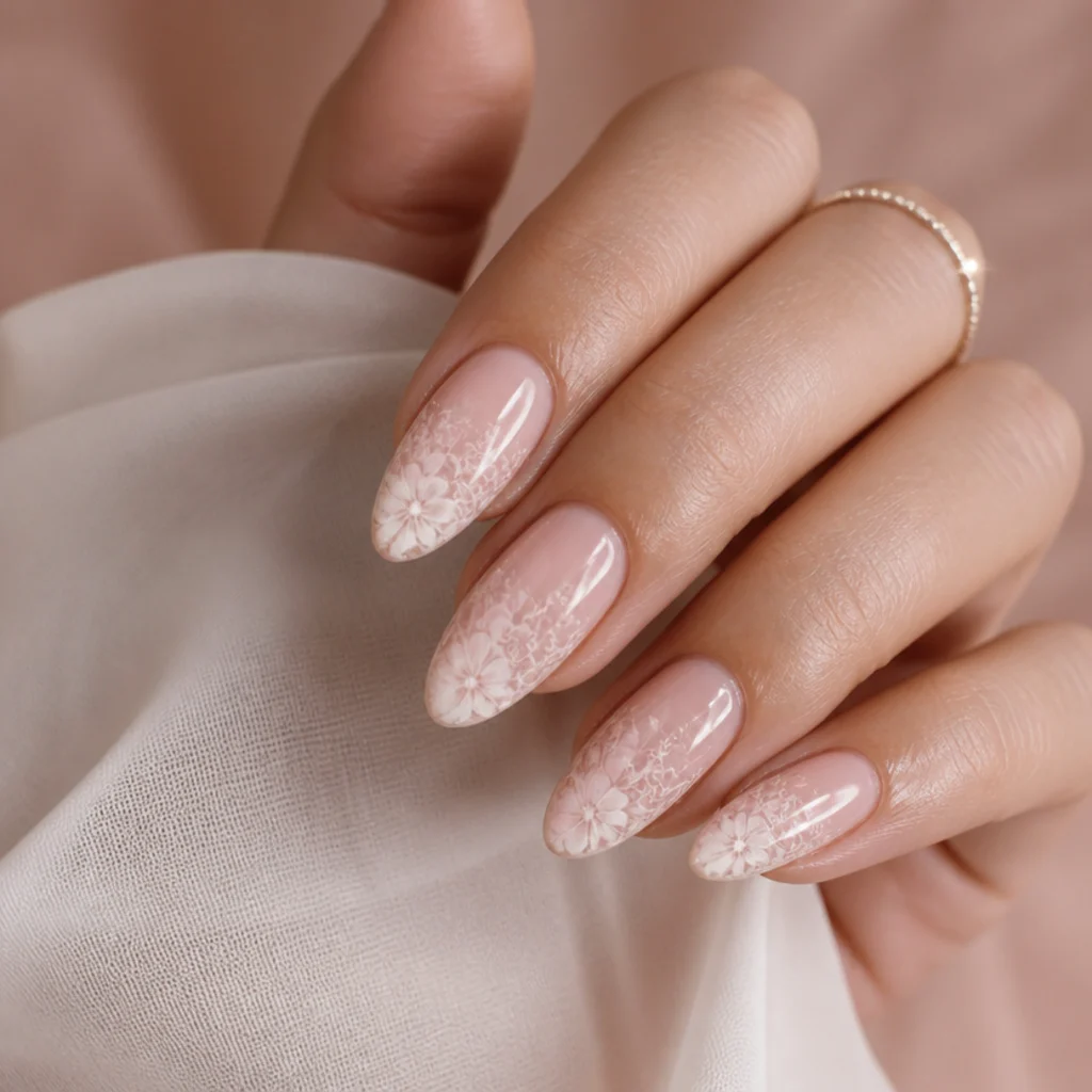 Long almond nails with delicate white lace-like blooming gel patterns over a blush base