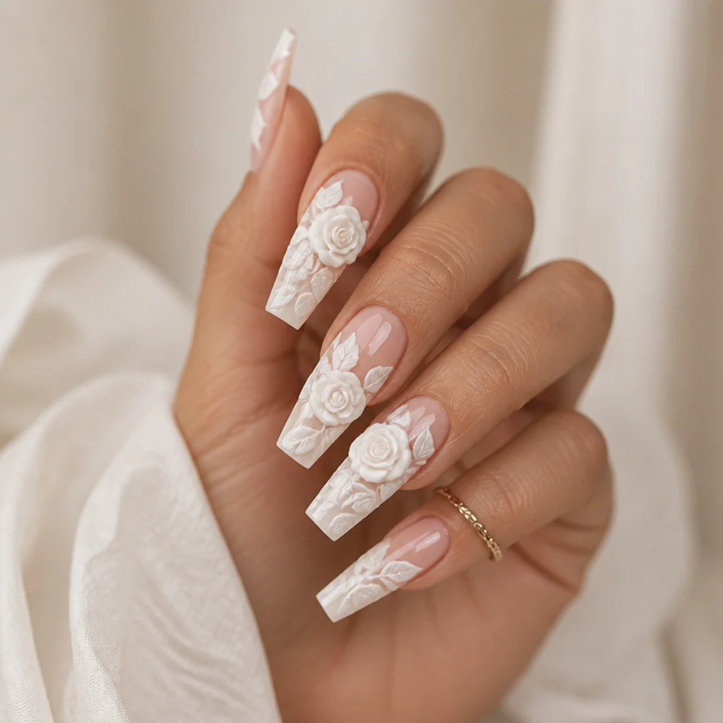 Coffin nails featuring sculpted 3D white rose buds paired with softly bloomed white petals