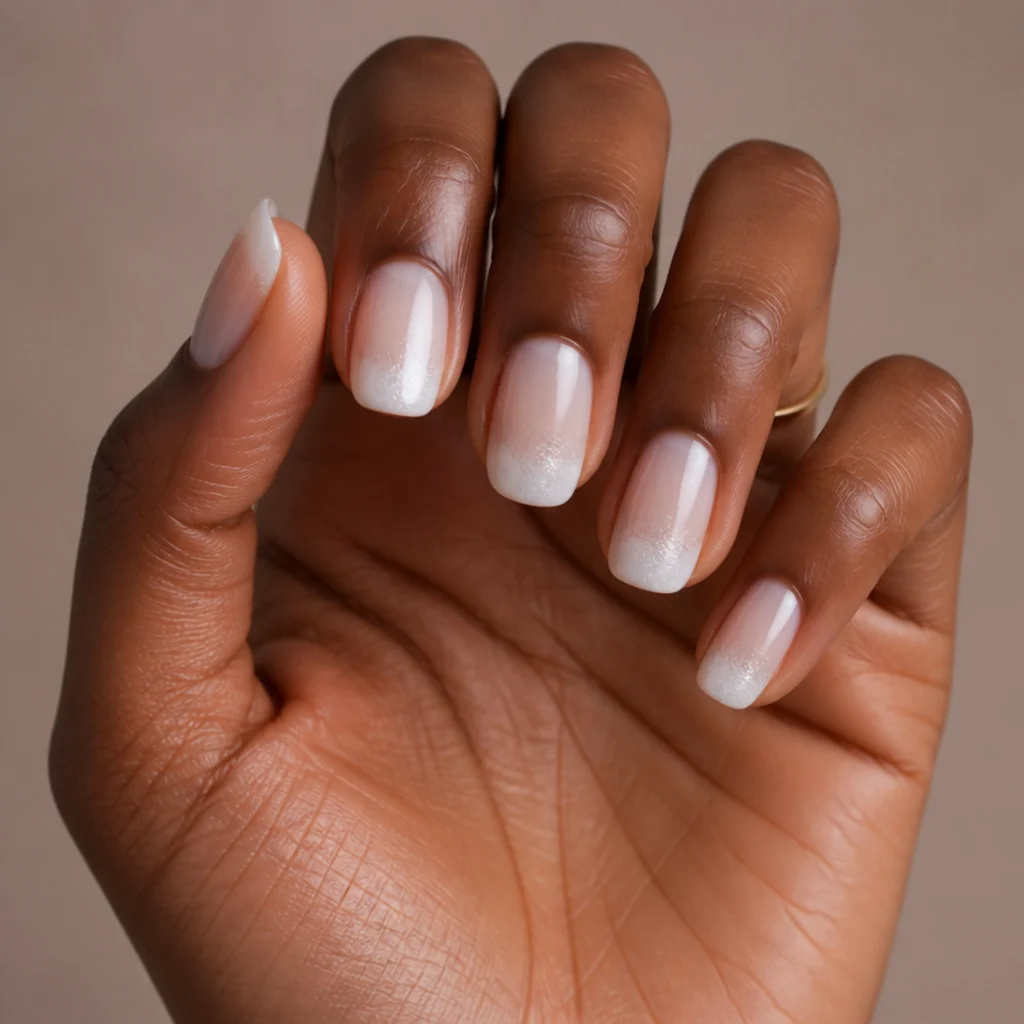 Squoval nails with a frosted white blooming gel halo glowing around the free edge on deep skin