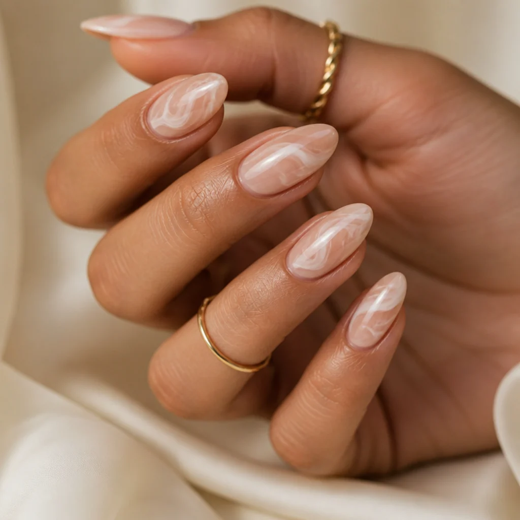 Almond nails with wispy white smoke swirls of blooming gel drifting diagonally across a nude base