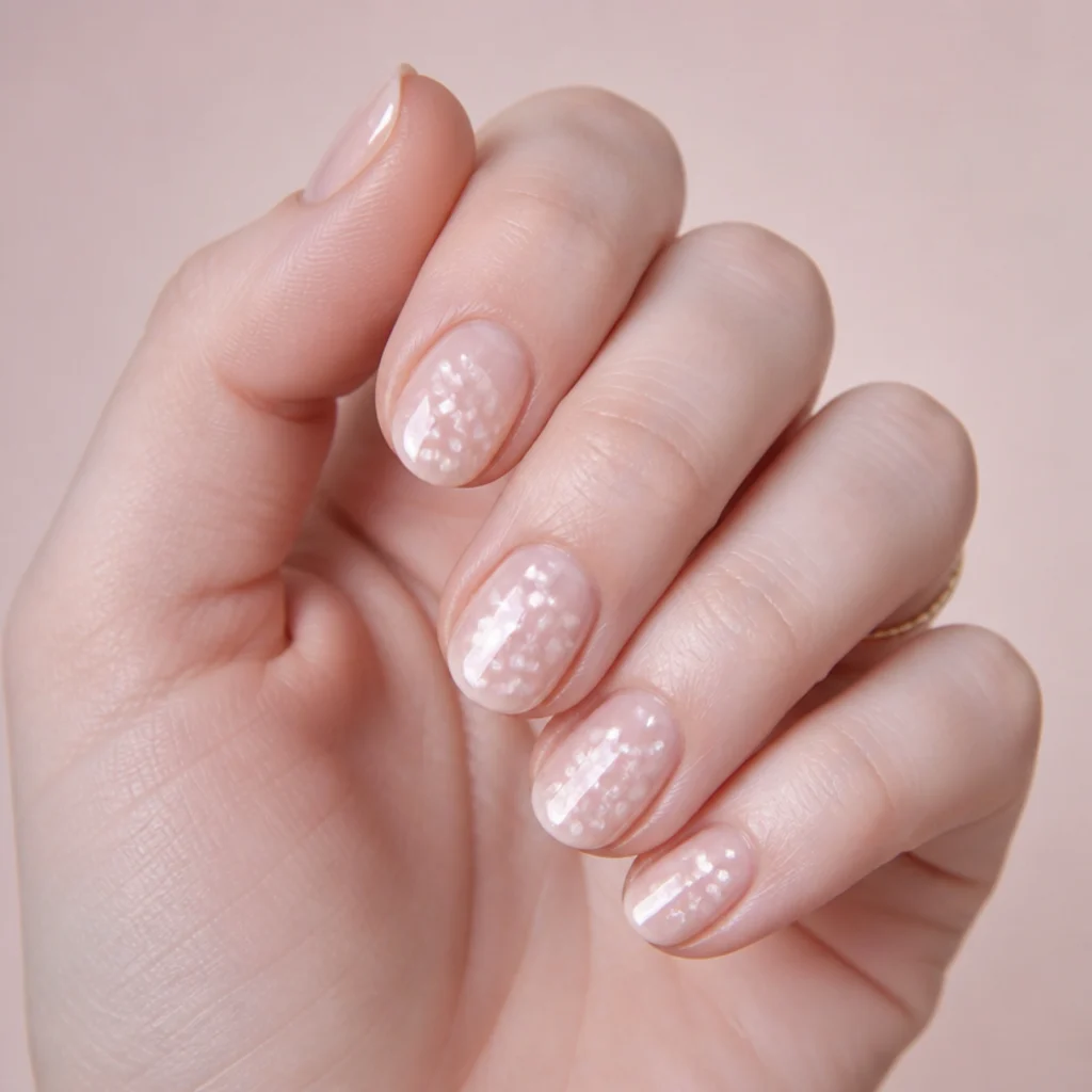 Short oval nails with scattered pearl-white blooming gel droplets and a subtle sheen