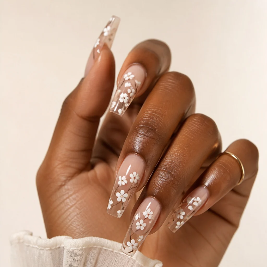 Long coffin nails using negative space with white blooming gel blossoms floating on bare nail