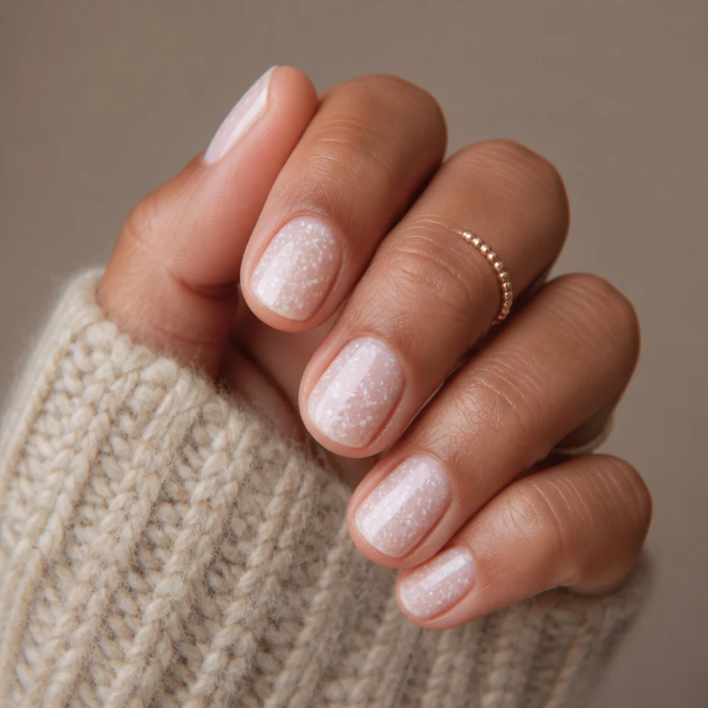 Round nails with a fine white speckle and soft blooming gel haze resembling gentle snowfall