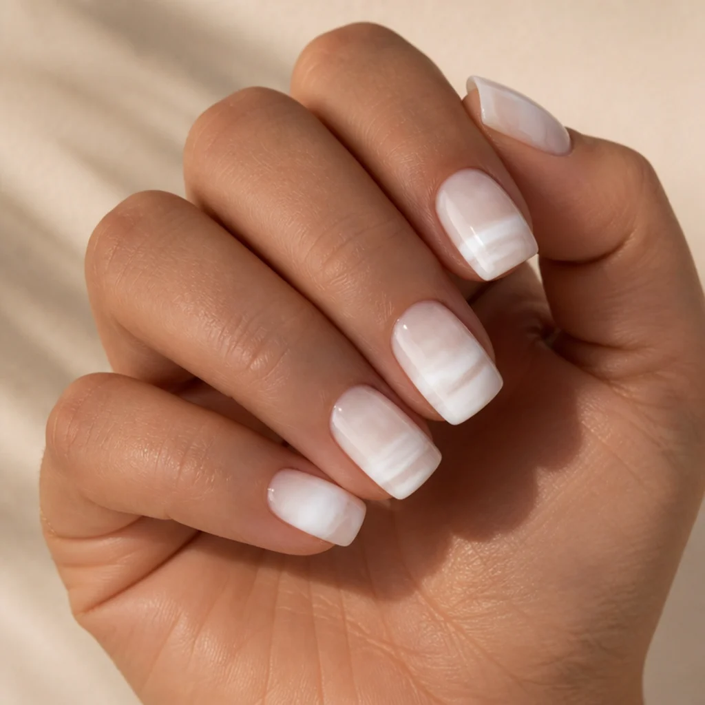 Squoval nails with horizontal white blooming gel waves diffusing across a warm ivory base