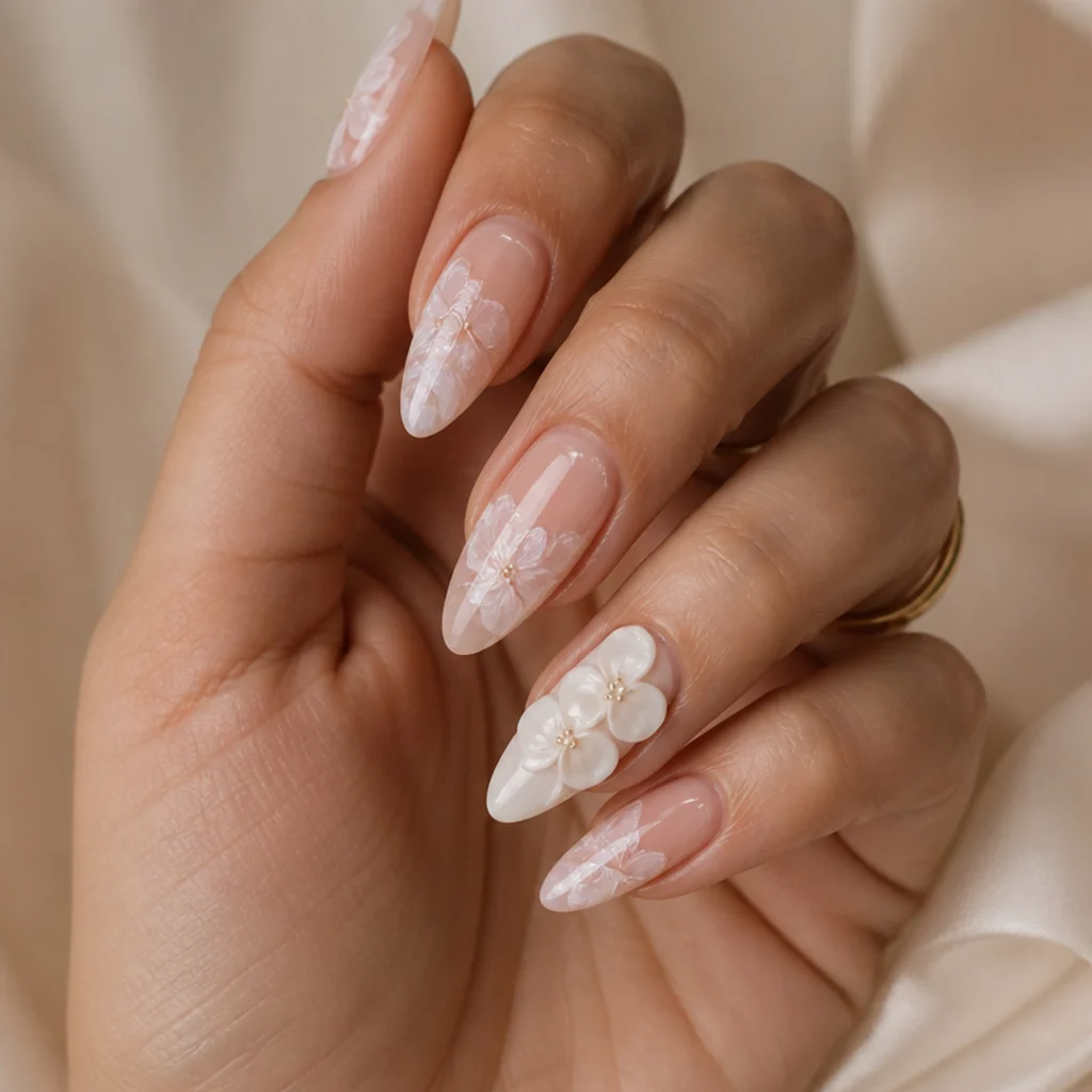 Long almond bridal nails with sculpted 3D white florals and soft blooming gel petals on a blush base