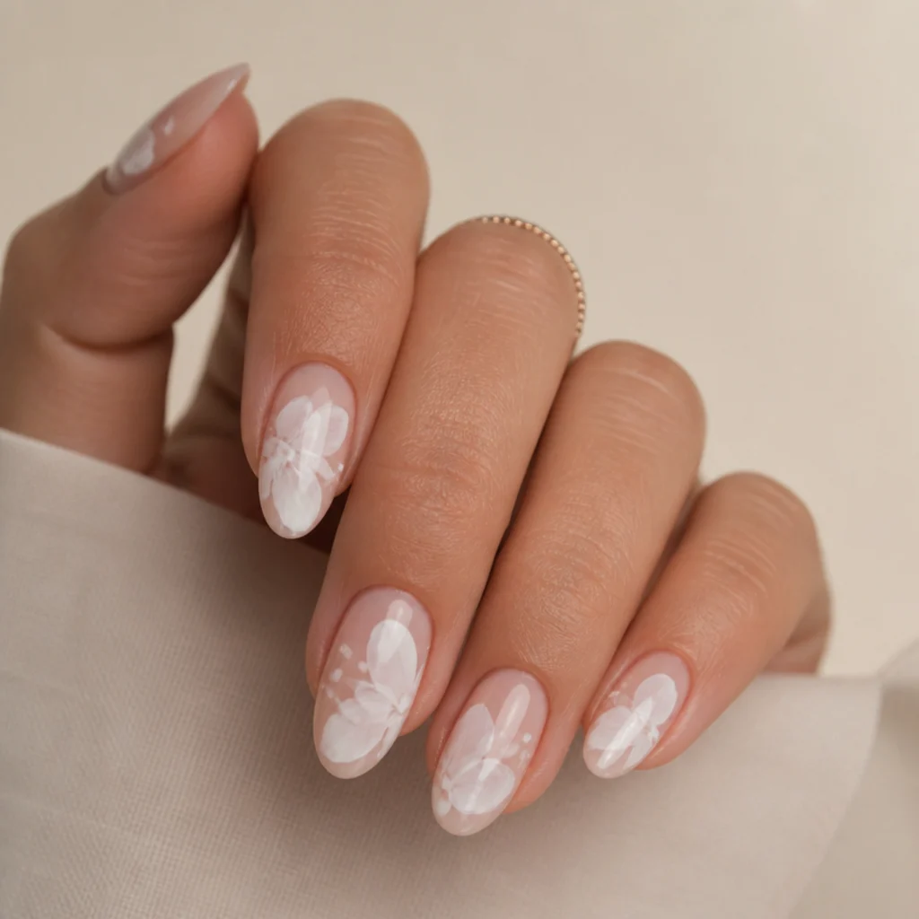 Close-up of almond nails with soft white blooming gel florals on a warm ivory background