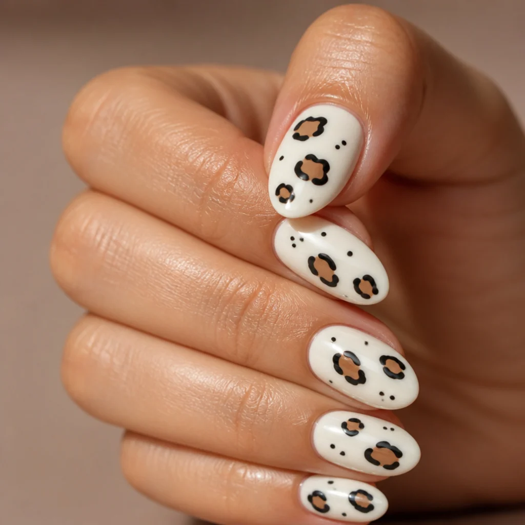 Medium almond nails with a bright white base and evenly spaced black-outlined leopard spots