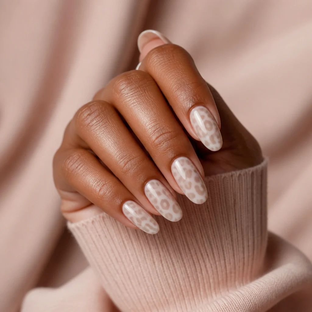 Milky white almond nails with tonal taupe leopard spots and no black outline