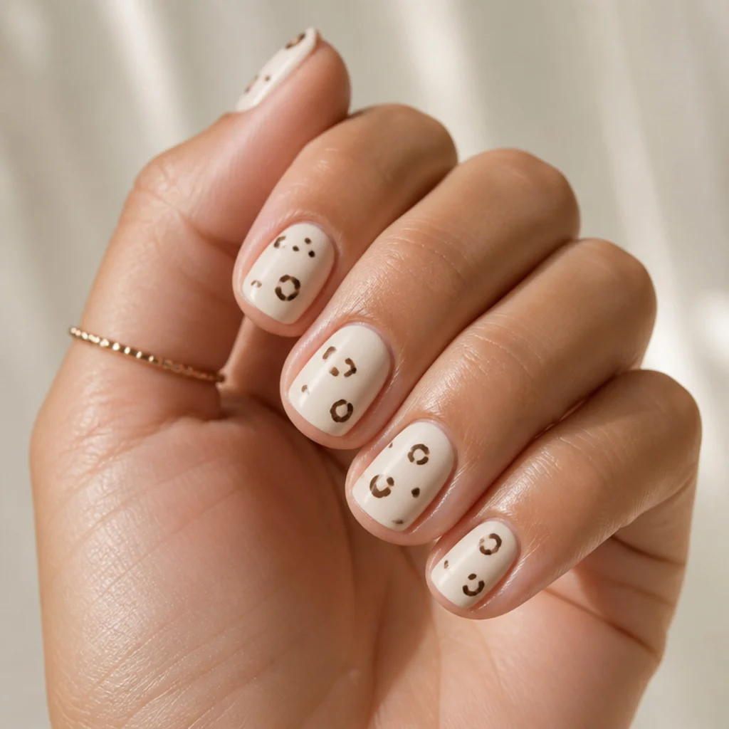 Short squoval nails in creamy white with a few compact leopard spots per nail