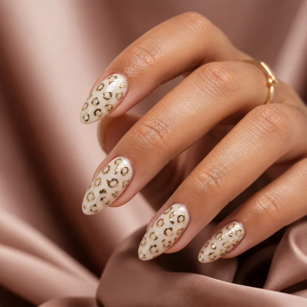 Ivory almond nails with leopard spots outlined in fine metallic gold instead of black
