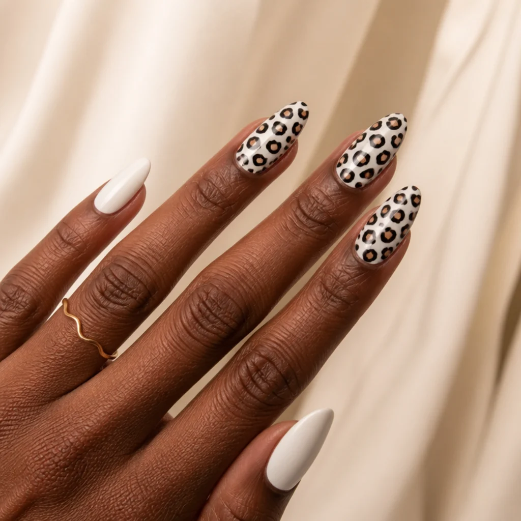 Long almond leopard print acrylic nails in white with structured black and brown spots