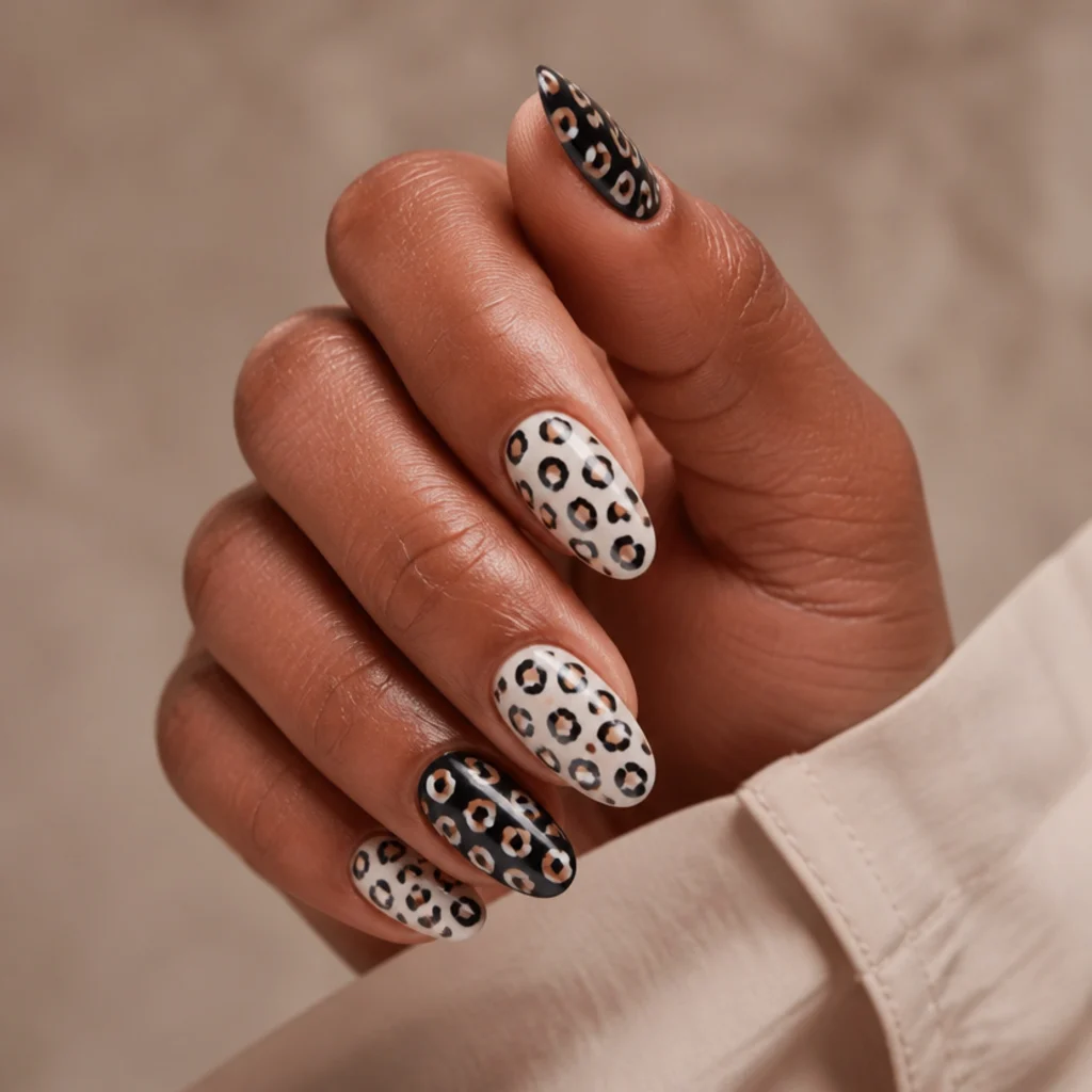 Almond set mixing white leopard nails with two solid black leopard print accent nails