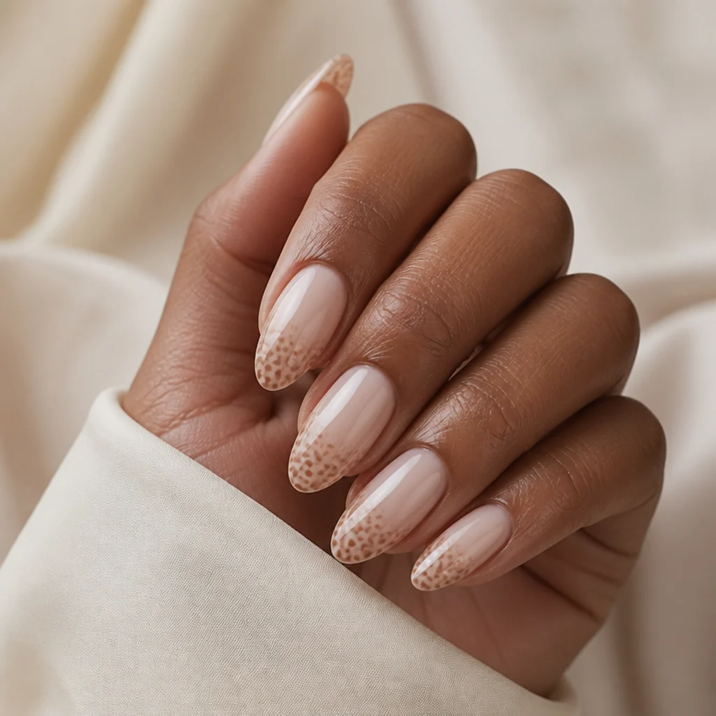 Sheer milky nails with very small delicate leopard micro-spots in soft brown tones