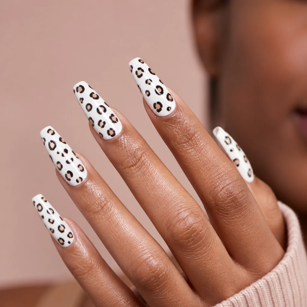 Long white coffin nails with bold leopard spots and a glossy finish