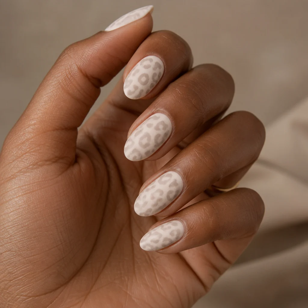 Matte white almond nails with leopard spots in a soft velvety no-shine finish
