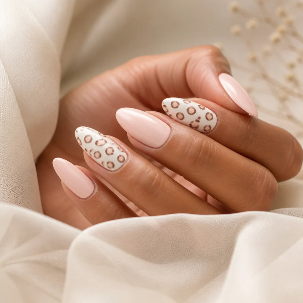 Almond nails alternating soft blush and white bases with tonal leopard spots