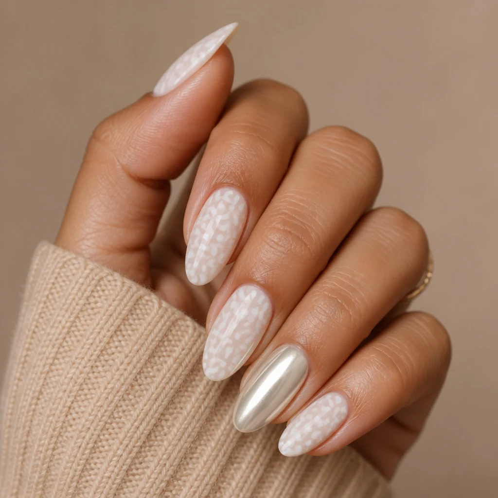White almond nails with leopard print and one mirror-chrome accent nail