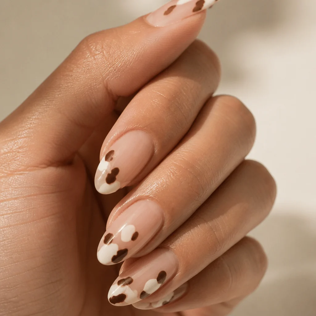 Almond nails using bare negative space with white and brown leopard spots floating on natural nail