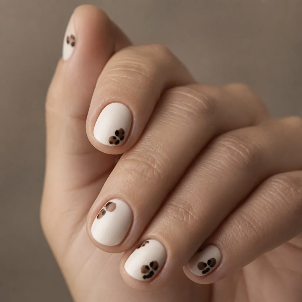 Short round natural nails in soft white with a small tidy scatter of leopard spots