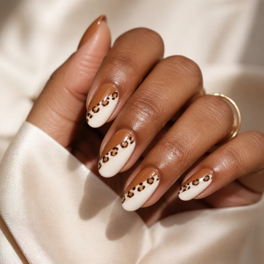Almond nails split diagonally between caramel and white with leopard spots crossing the divide